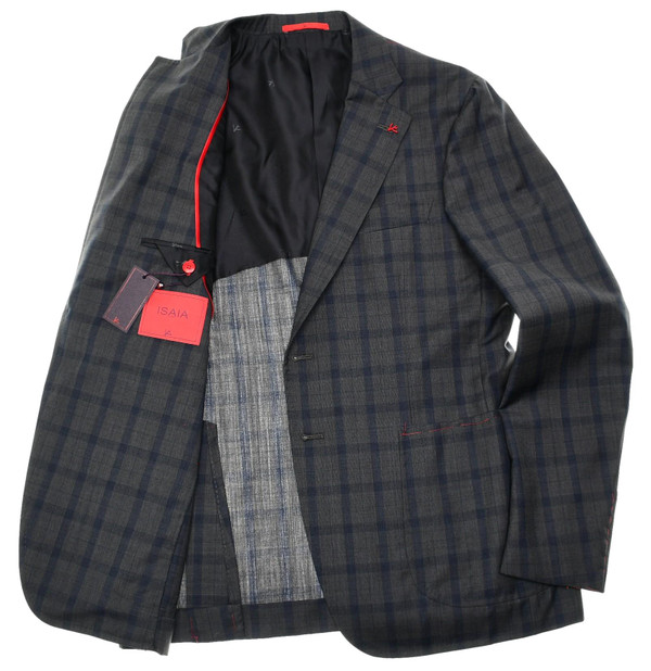 Isaia Napoli Gray Blue Plaid 100% Wool Suit